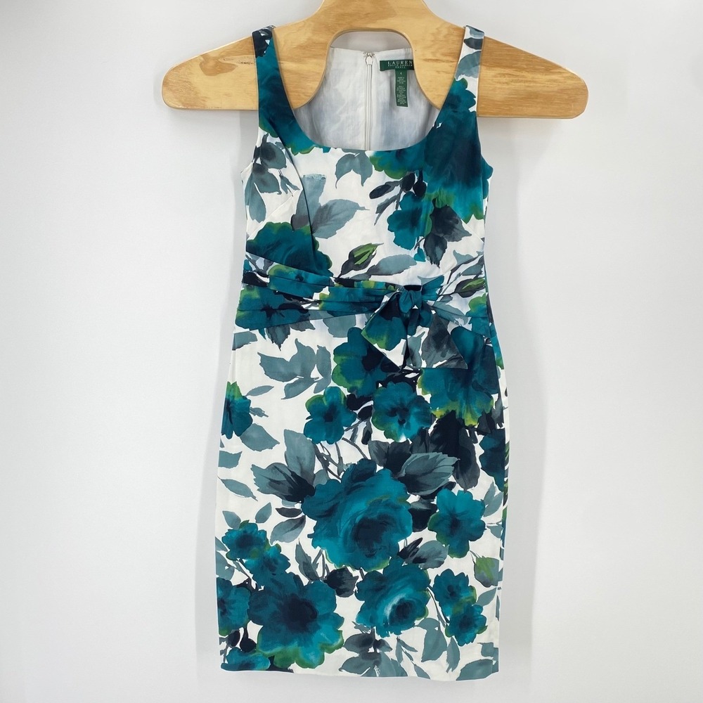 Lauren Ralph Lauren Floral Sheath Dress Teal Green White Sleeveless Size 4 - Picture 4 of 9